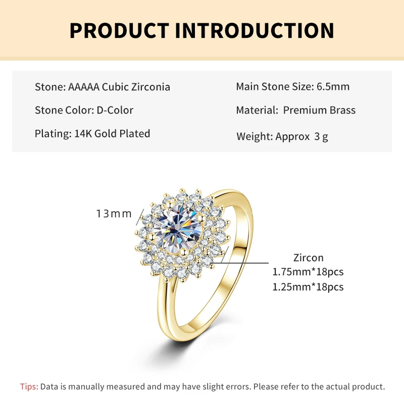 Rrjzz 1CT CZ Lab Imitation Diamond 14K vergoldeter Blumenring mit kubischem Zirkonia, Sonnenblumen-Ehering für Frauen, Schmuck, Geschenke – Detail 1