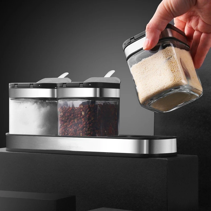 Seasoning Box Salt Jar Combination Set Kitchen Household Seasoning Storage Bottle Glass Gourmet Powder Chili Sucrier