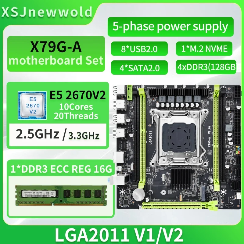 Набор материнской платы JINGSHA X79G-A с процессором E5 2670V2 DDR3 1*16 ГБ = 16 ГБ, двухканальный LGA2011 NVME M.2 SATA 3,0 Xeon