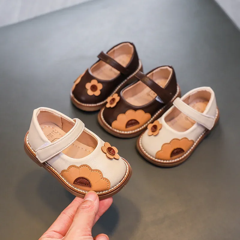 Flower Baby Girl Leather Shoes Low Heel Toddler Mary Janes Kindergarten Anti-slippery Infant Shoes for Babies Girls F11244