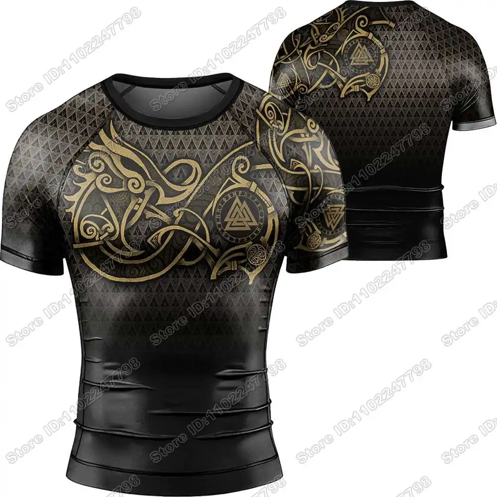 Viking Fenrir Symbol Rune Rash Guard Jiu Jitsu BJJ MMA T-shirt Compression Shirt Short Sleeve Surfing Jersey GYM Fitness Jersey