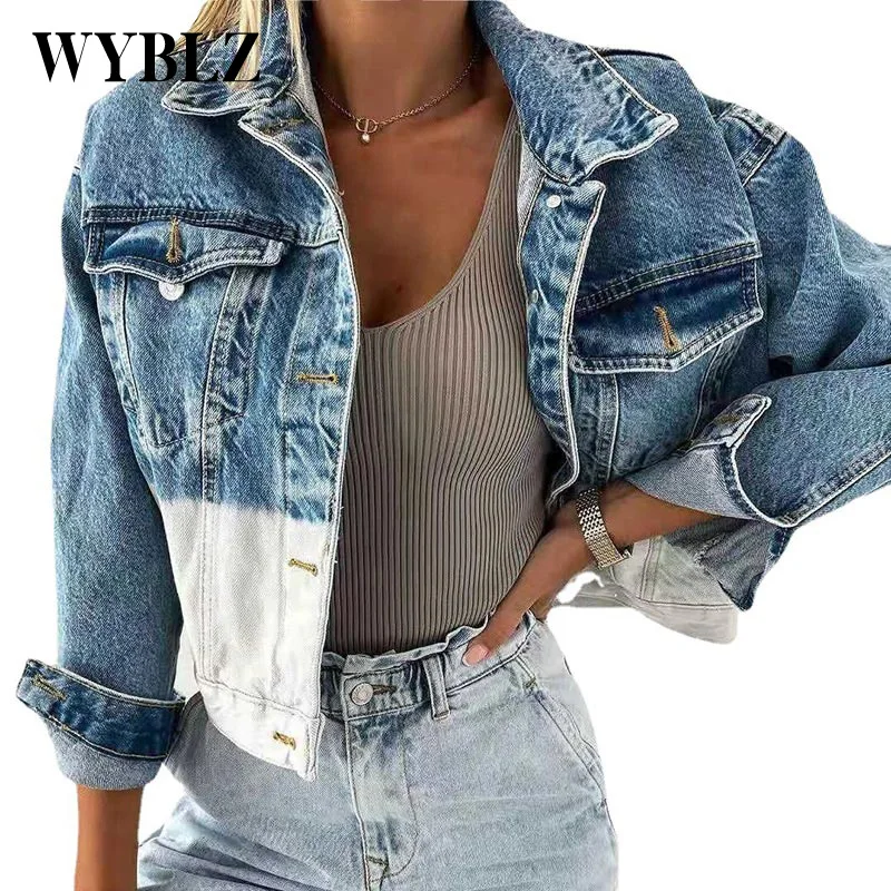 

WYBLZ Gradient Color Women's Denim Jacket Fashion Loose Button Patchwork Outwear Oversized Jean Coat Female Fashion Overcoat