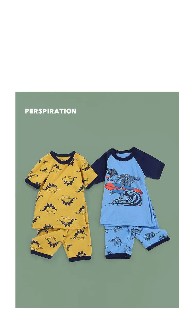 pajama sets button up	 Children's Pajamas Summer Thin Pure Cotton Boys' Home Wear Clothes Cartoon Dinosaur Baby Pajamas Short Sleeve Kids Clothes elegant pajama sets