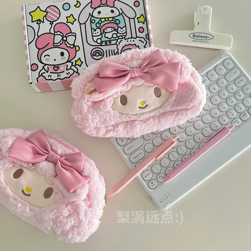 플러시 피아노 양 펜슬 케이스 일본식 귀여운 대용량 화장품 파우치 소녀들을 위한 고급스러운 디자인 학교 일상용