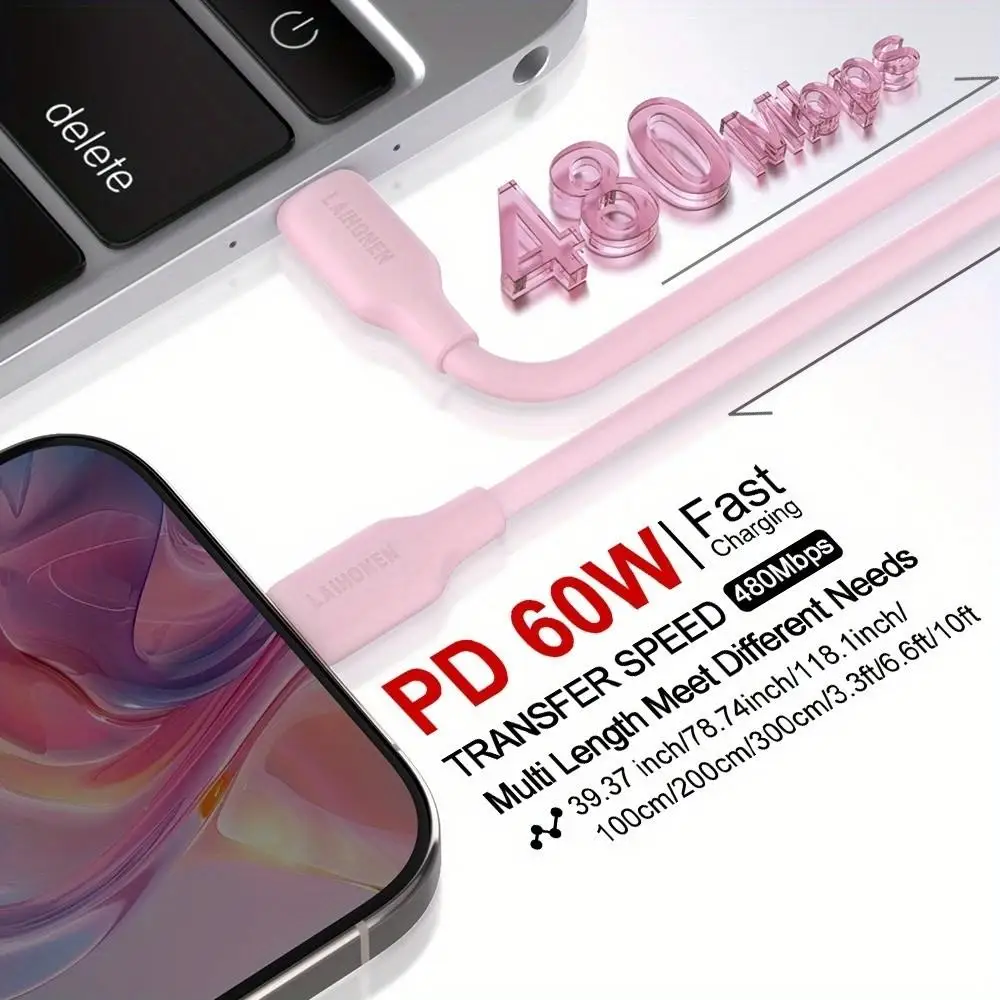 LAIHONEN 60W Cherry Pink Silicone USB-C to C Charging Cable, 3.3FT
