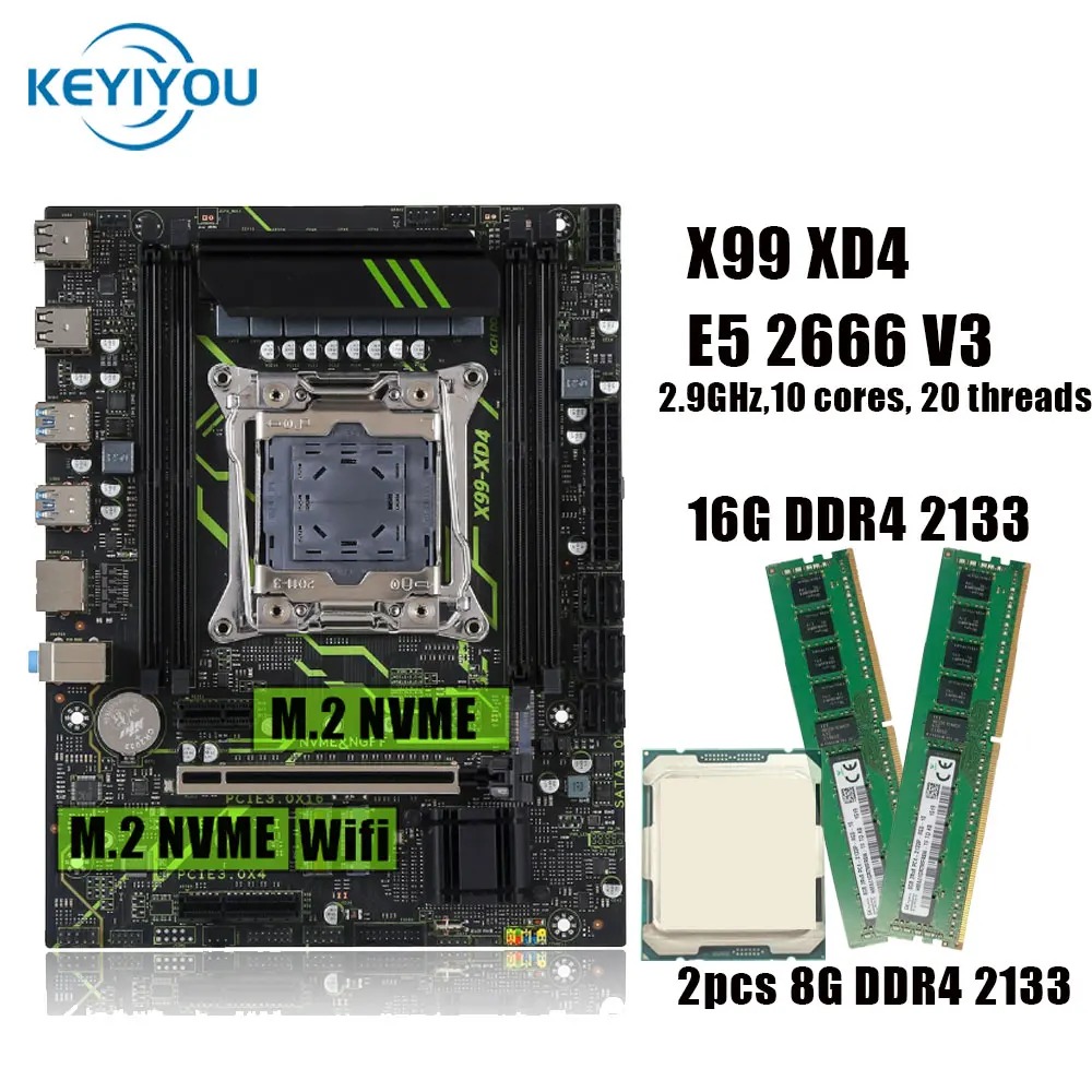 KEYIYOU X99 XD4 Motherboard combo Kit with Xeon E5 2666 V3 2682 V4