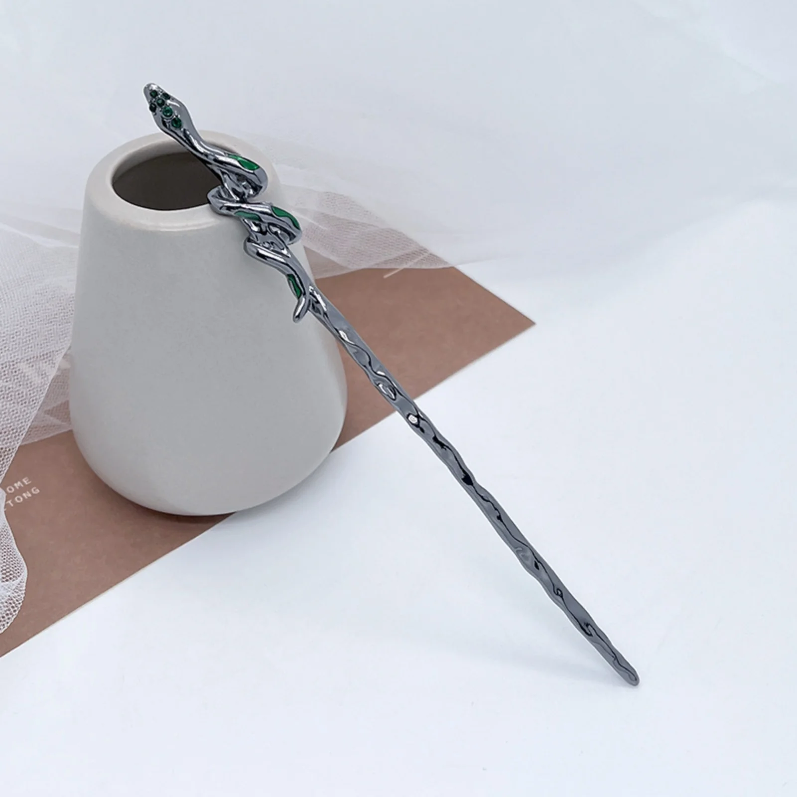 1PC  Snake - Shaped Metal Hair Sticks, Gold & Silver Hairpins with Green Accents, Gothic - Style Hair Accessories for Women