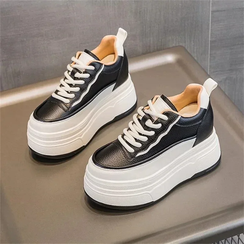 Genuine Leather Flats Casual Sneakers Women 2024 New Chunky Platform Sports Shoes Ladies High Heels Designer Tennis Thick Bottom 3