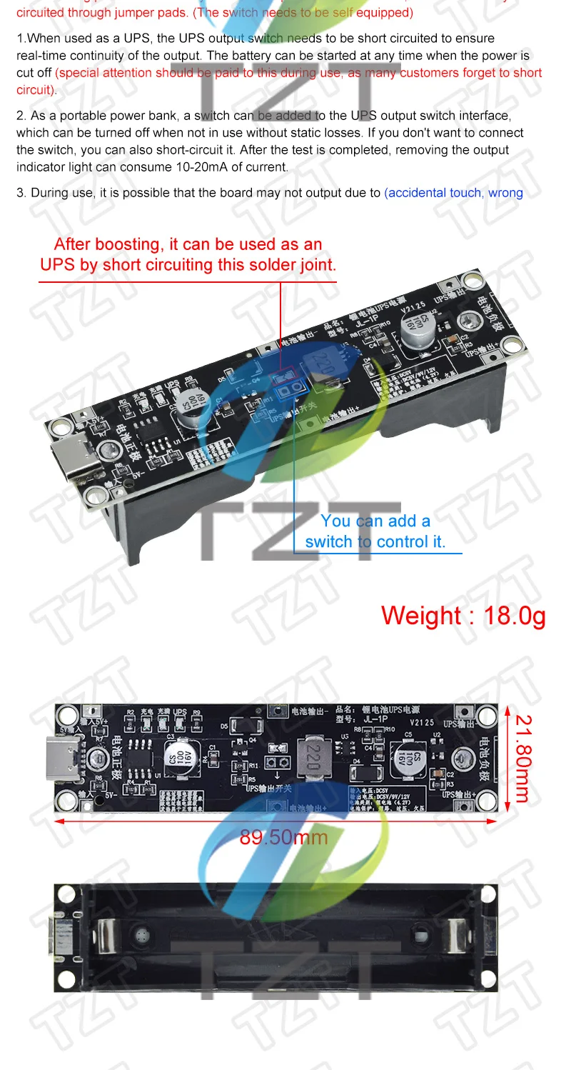 5 V 9 V 12 V 18650 Lithium-Batterie-Boost-Aufwärtsmodul, USV, unterbrechungsfreies Stromversorgungsmodul, Laden und Entladen gleichzeitig, 1 A – Detail 2