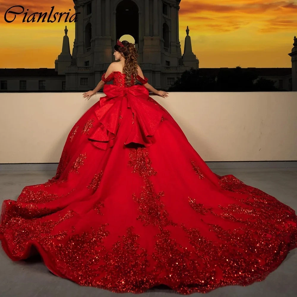 

Red Off The Shoulder Sequined Appliques Lace Ball Gown Quinceanera Dresses Pearls Beading Bow Corset Vestidos De 15 Años