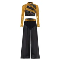 Tenue de danse lyrique moderne pour filles, haut court brillant avec fente latérale, pantalon en mousseline avec culotte intégrée, vêtements de gymnastique et de patinage 3
