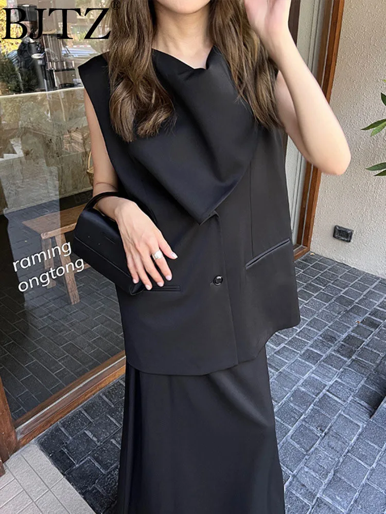 BJTZ Ribbon Scarf Collar Blazer Vest For Women Clothing 2024 Spring New Trend Designer Office Lady Sleeveless Tops HL50