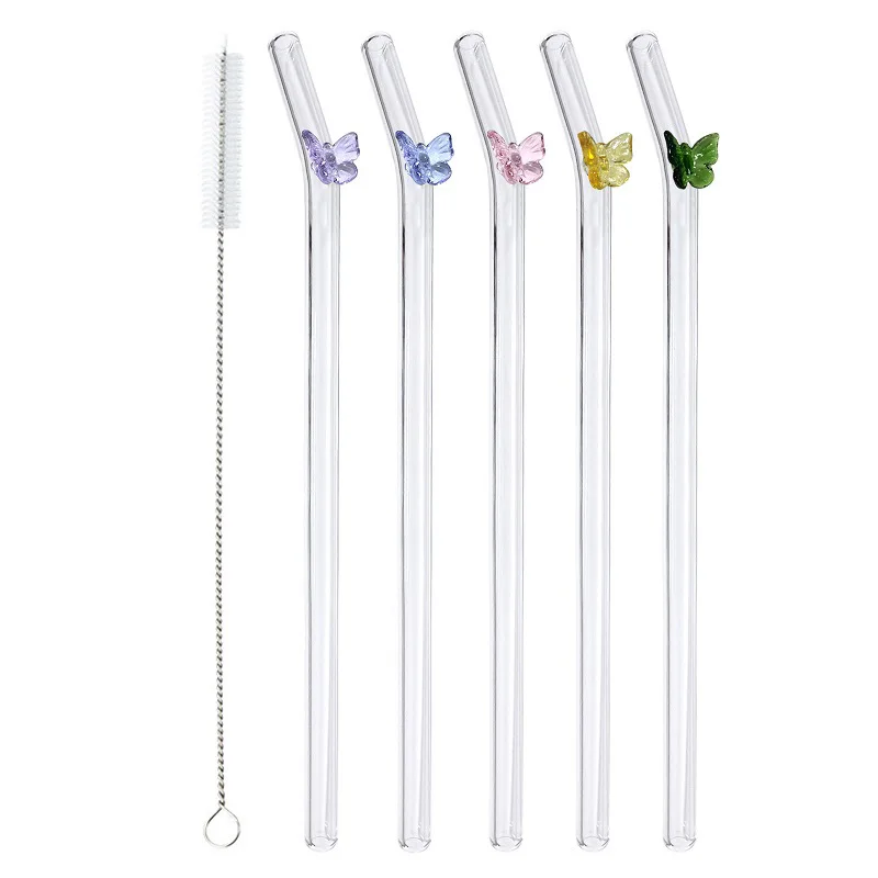 Heart Cherry Glass Straw Reusable Glass Drinking Straws Tortoise Flower  Curved Straw Tea Coffee Transparent Straws