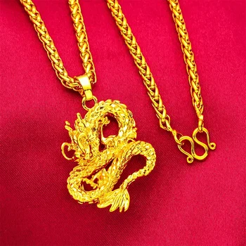 Men's 9999 24K Real Gold Male Pendant Fried Dough Twists Domineering Chain Dragon Pendants Necklace Wealth for Father 1