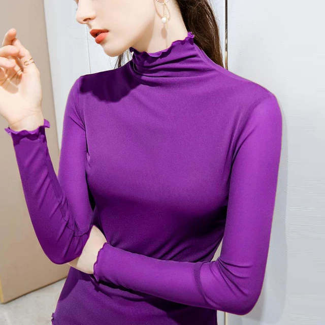 High Neck Sheer Mesh Top Women Long Sleeve Turtleneck T-shirt Korean Sexy  See Through Black White Red Purple Shirt S-2XL - AliExpress