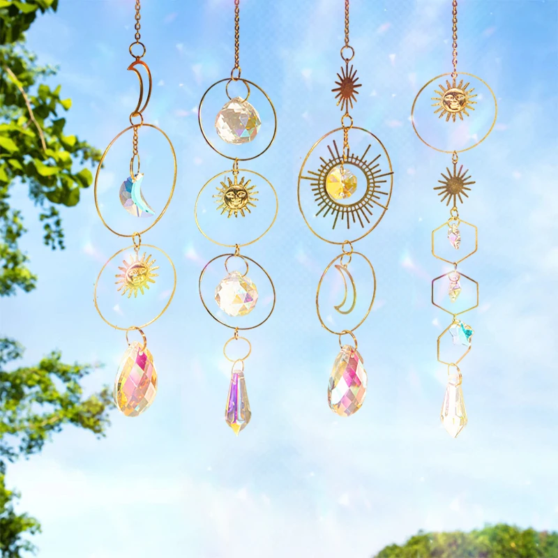 Hanging Crystal Pendant Moon Stars SunCatcher Rainbow Maker Window Drop for Home Outdoor Fairy Garden Decoration