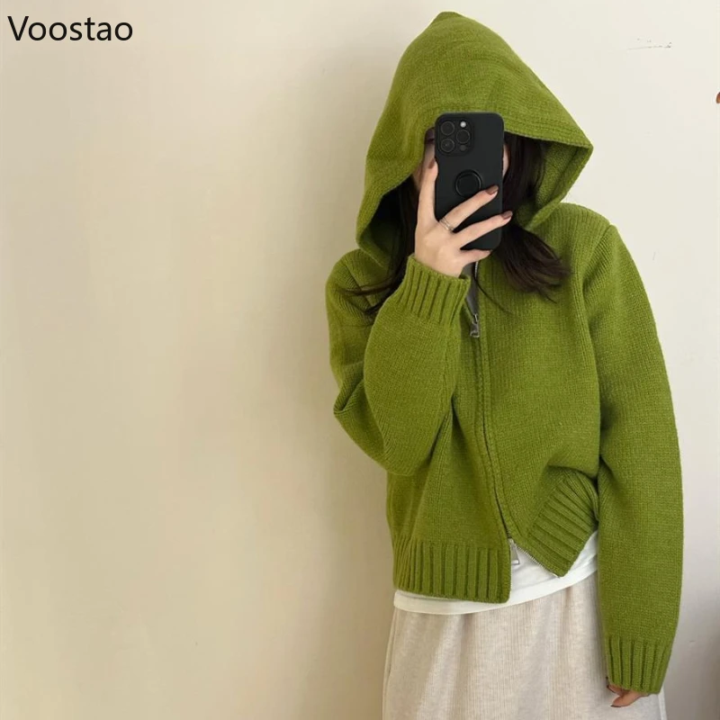 

Vintage New Solid Knit Hooded Cardigans Double Zipper Women Chic Knitwear Autumn Ladies Cashmere Jacket Elegant Sweater Grunge