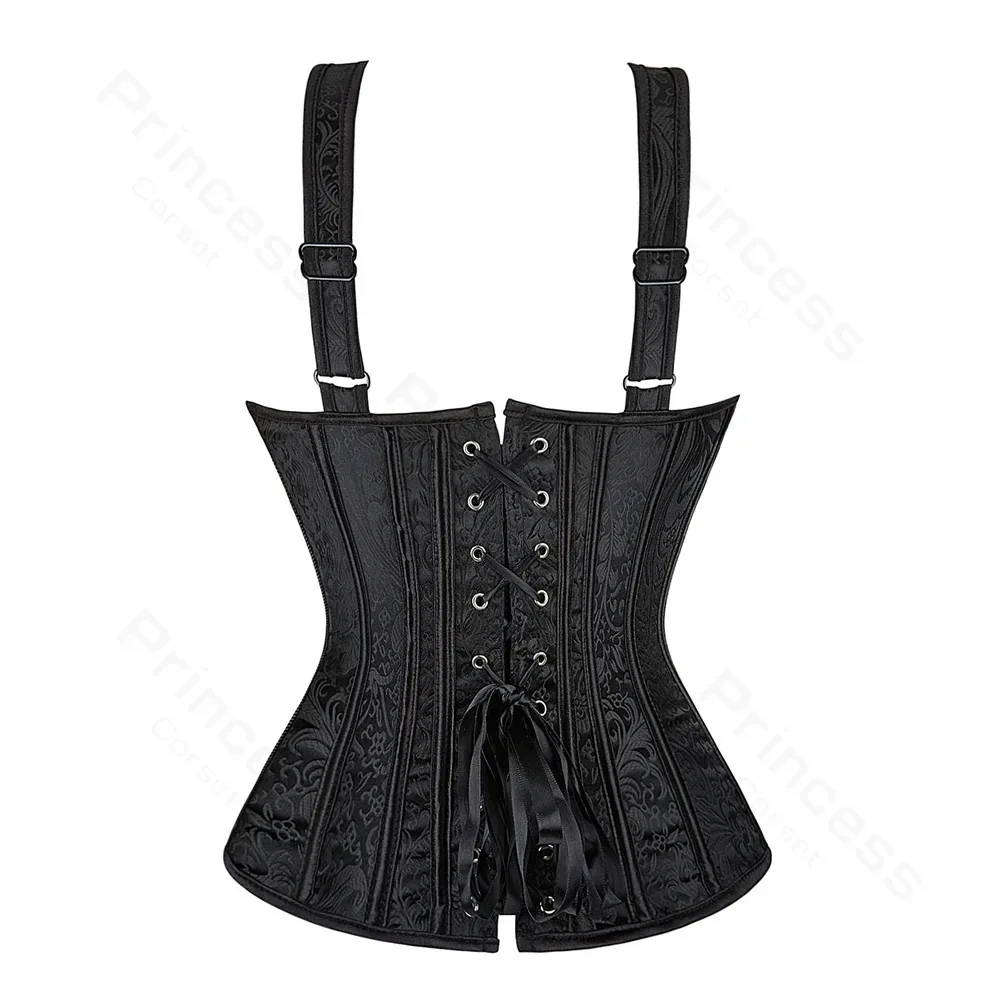 Plus Size Floral Jacquard Corset Zipper Top Gothic Steampunk Corsets Bustier Women Corset with Straps Overbust Corset