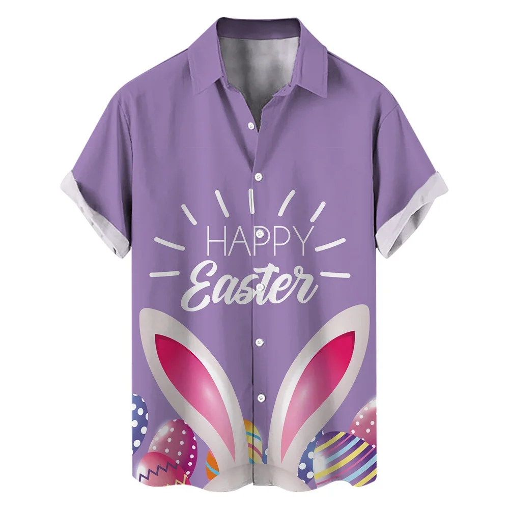 Happy Easter Day Kawaii Men Cartoon Rabbit Hawaiian Shirts 3D Printed Beach Shirt Women Clothe Kids Colored Egg Shirt Button Top 2