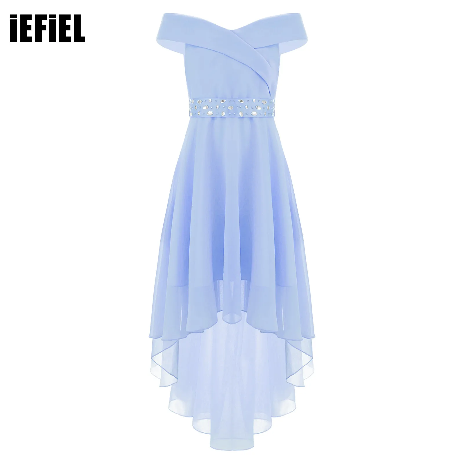 

Kids Girls Elegant Chiffon Party Dress Solid Color with Shiny Beaded Sash Sweetheart Off Shoulder High-Low Hem Party Dress