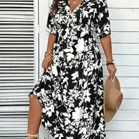 Elegant plus-size black and white floral A-line dress, floor-length, machine washable, round neck design, suitable for spring an - Image 6