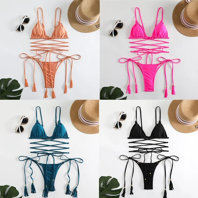 Women Swimsuit Women Two Piece Sets Women Swimwear Sexy Bikini Hollow Out Swimsuit Thong Biquini Cross String Bikini Set Bathing Suit Bikinis Beachwear
