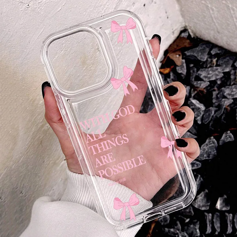 Pink Minimalist Bowknot Slogan Pattern Clear Phone Case Cover