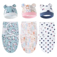 Baby Blanket Hat Set Cartoon Printed Cotton Newborn Swaddle Adjustable Infant Sleeping Swaddle Wraps All Seasons 0-6 Months 1