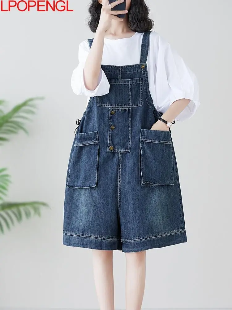

2023 Woman Summer Washed Old Denim Overalls Loose Solid Color Fashion Large Pocket Drawstring Five Point Knee Length Jumpsuit