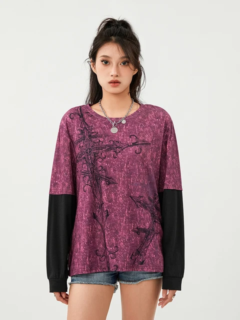 2000s Cross Cyber Goth Patchwork Long Sleeve Tees Y2K Grunge