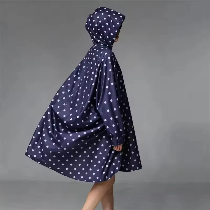 흰색 물방울 무늬가 있는 휴대용 성인용 지퍼 레인 판초, 남녀공용, 하이킹 및 사이클링 등 야외 활동에 적합