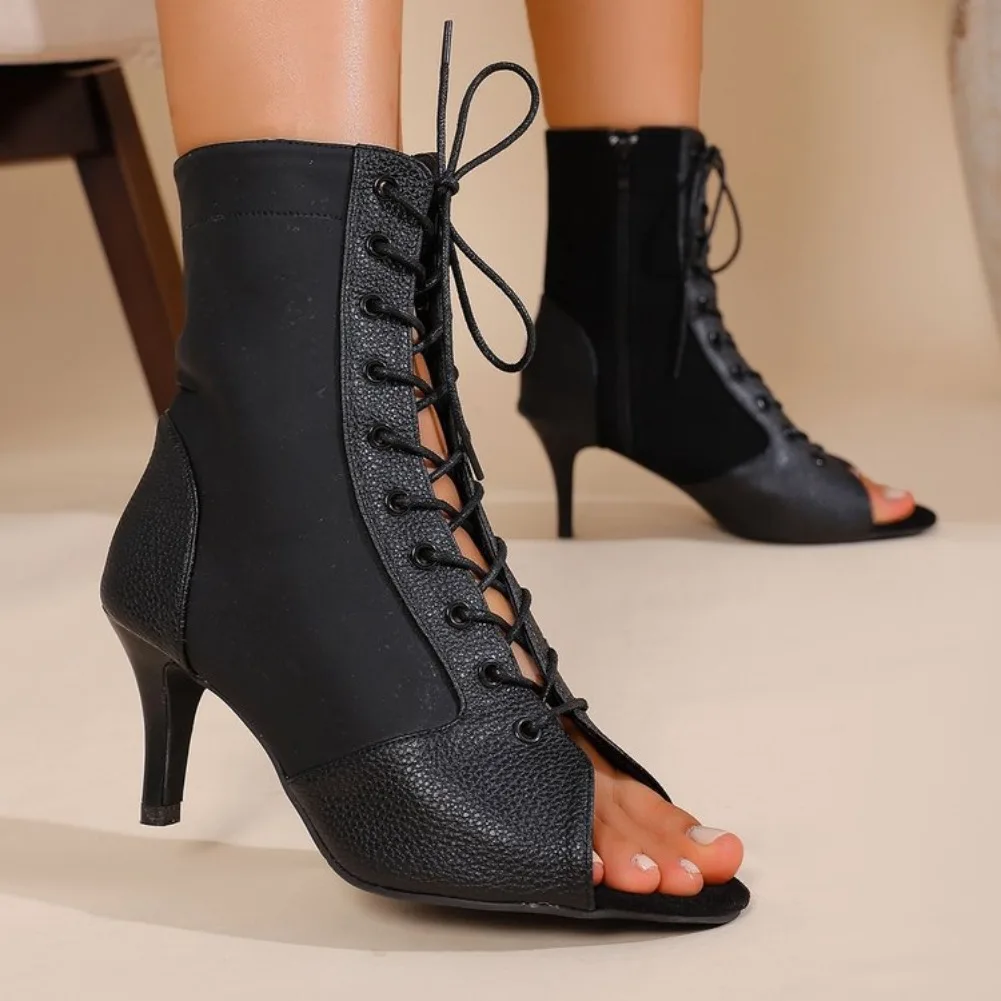 Women's Stiletto Boots 2025 Summer New Casual High-top Sandals Fashion Banquet High-heeled Black Lace-up Sandals 7cm 9cm.