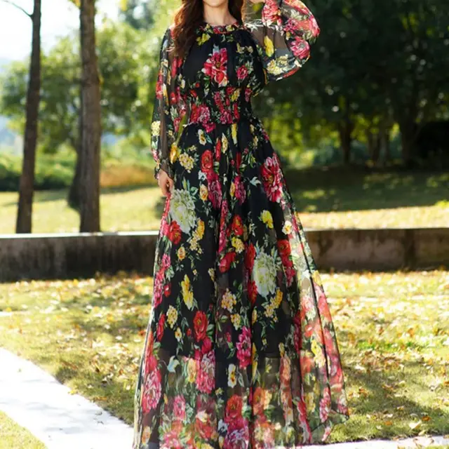 Bohemian Spring Elegant Floral Print Party Dinner Maxi Dresses Chiffon Flowy  Long Sleeve Women Retro Vestidos Plus - Dresses - AliExpress