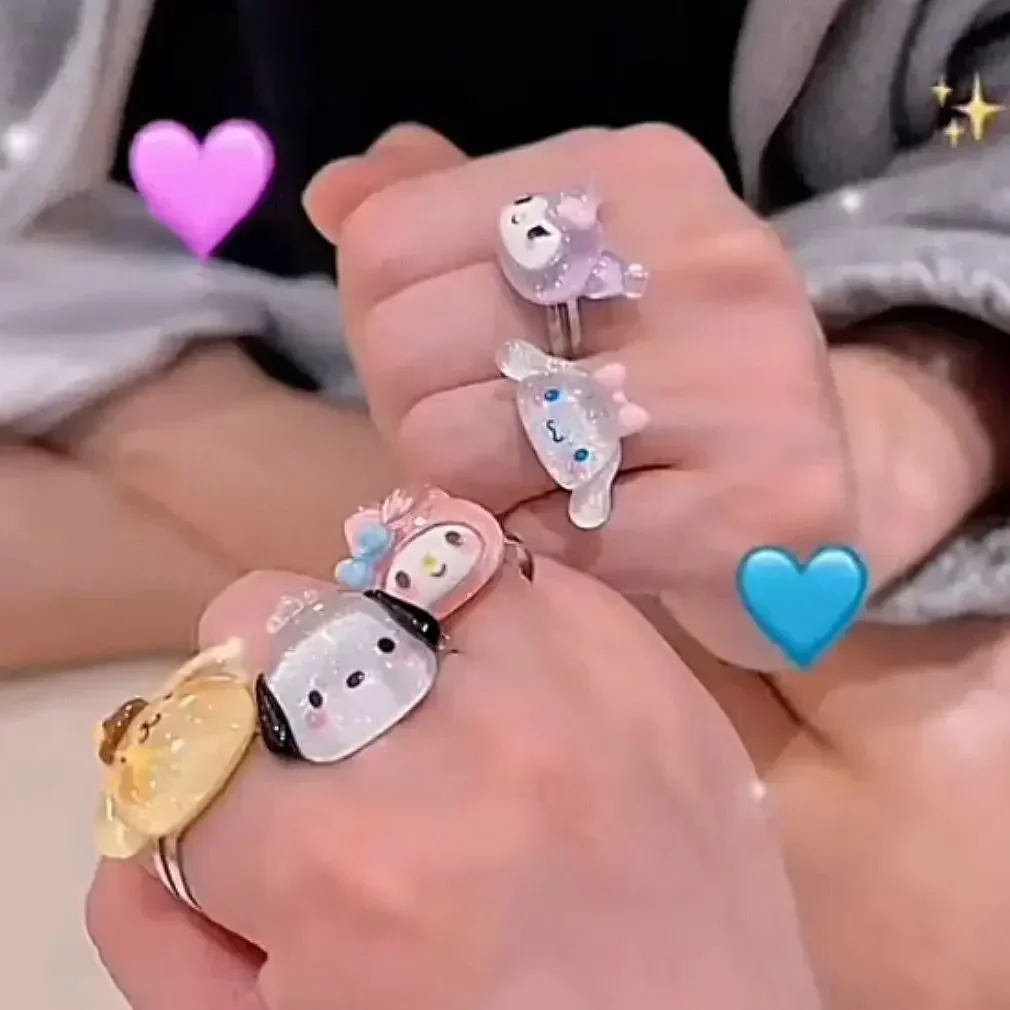 

Sanrio Cinnamoroll Anime Ring Adjustable Accessories Cute Hello Kitty My Melody Kuromis Resin Girlfriend Girl Heart Decorate Toy