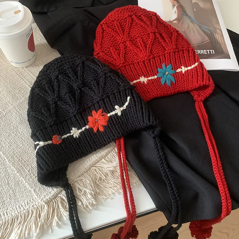 Bohemian Tassel Knitted Hat for Women Flower Crocheted Beanies Autumn Winter Warm Ear Protection Cap Girls Fashion Woolen Bonnet 4