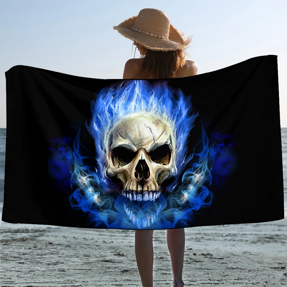 BeddingOutlet Flame Skull Bath Towel Bathroom 3D Gothic Microfiber Beach Towel for Adult Fire Shower 75x150cm