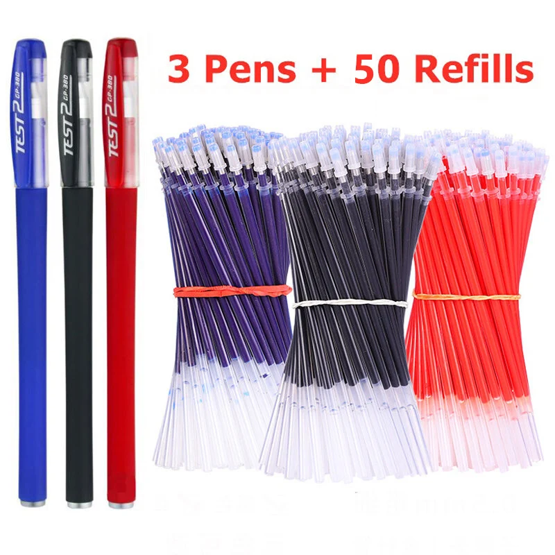 3 Gel Pens + 50 Refills Set 0.38mm Black Blue Red Ink Bulk Pens Thin Tip Journal Writing School Supplies Stationery Wholesale