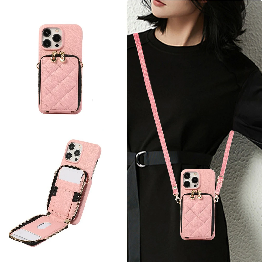 Leather Card Slot Holder Case Luxury Wallet Bag Iphone Lanyard