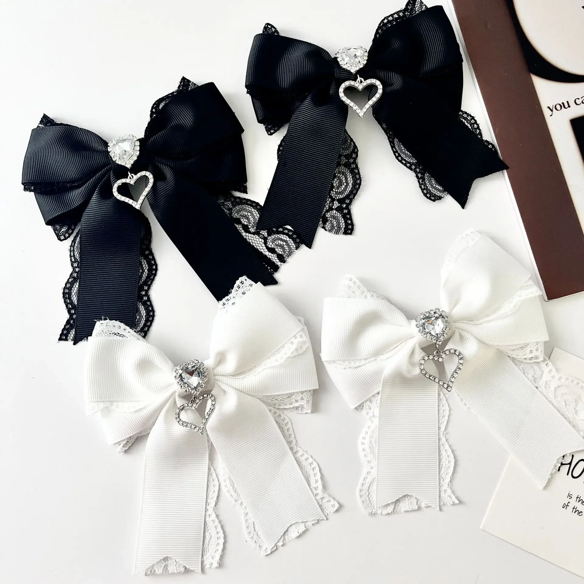 Bow Tie Brooch Heart Shape Rhinestone Pendant Pin Clips Handmade Jewelry Accessories for Women