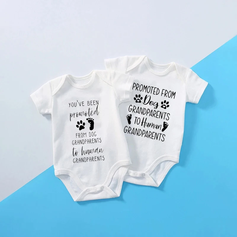 

New Born Baby Bodysuits Baby Girl Baby Boy Clothes Promoted Form Dog Grandparents to Human Grandparents Letter Print Jumpsuit