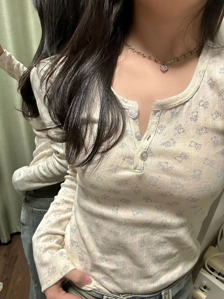 

2024 Summer Button O-Neck Cotton Slim Sexy Top for Women Vintage Sweet Cute y2k Tops Chic Hollow Out Bear Long Sleeve T-Shirt