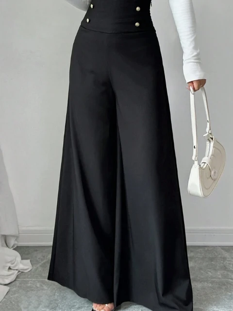 Women's Fashionable and Elegant Solid Color Wide-Leg Pants for Spring and Autumn, High Waisted Pants 3