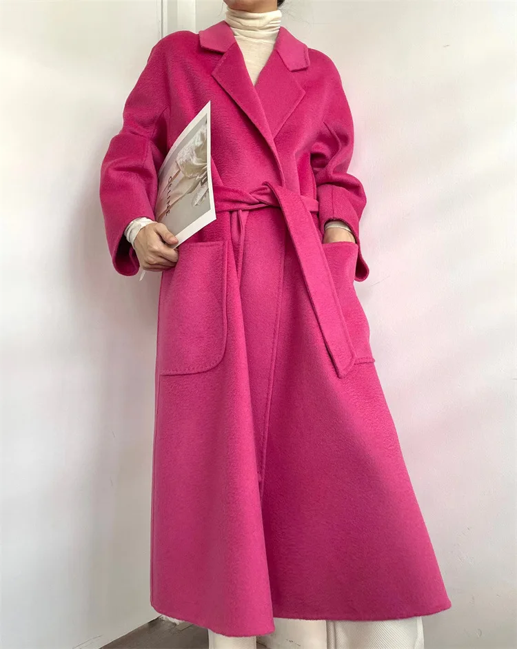 S7cacbeb45bb2428d9eecc8914bf0e3e8I Cashmere Coat Female Winter Mid-Length Corrugated Coat Black Wool Coat Woman Autumn New Casual Fashion Red Beige Lace-Up Coat Mallzona