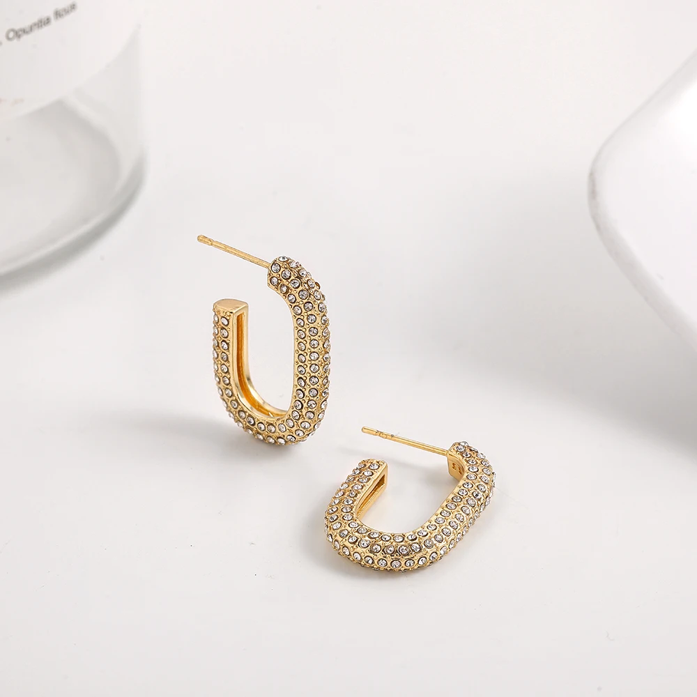 Classic U-shape Hoop Earrings Filled with Zircon Gold Plated Rust Proof Simple Huggies Versatile Daily Jewelry Wholesale Серьги