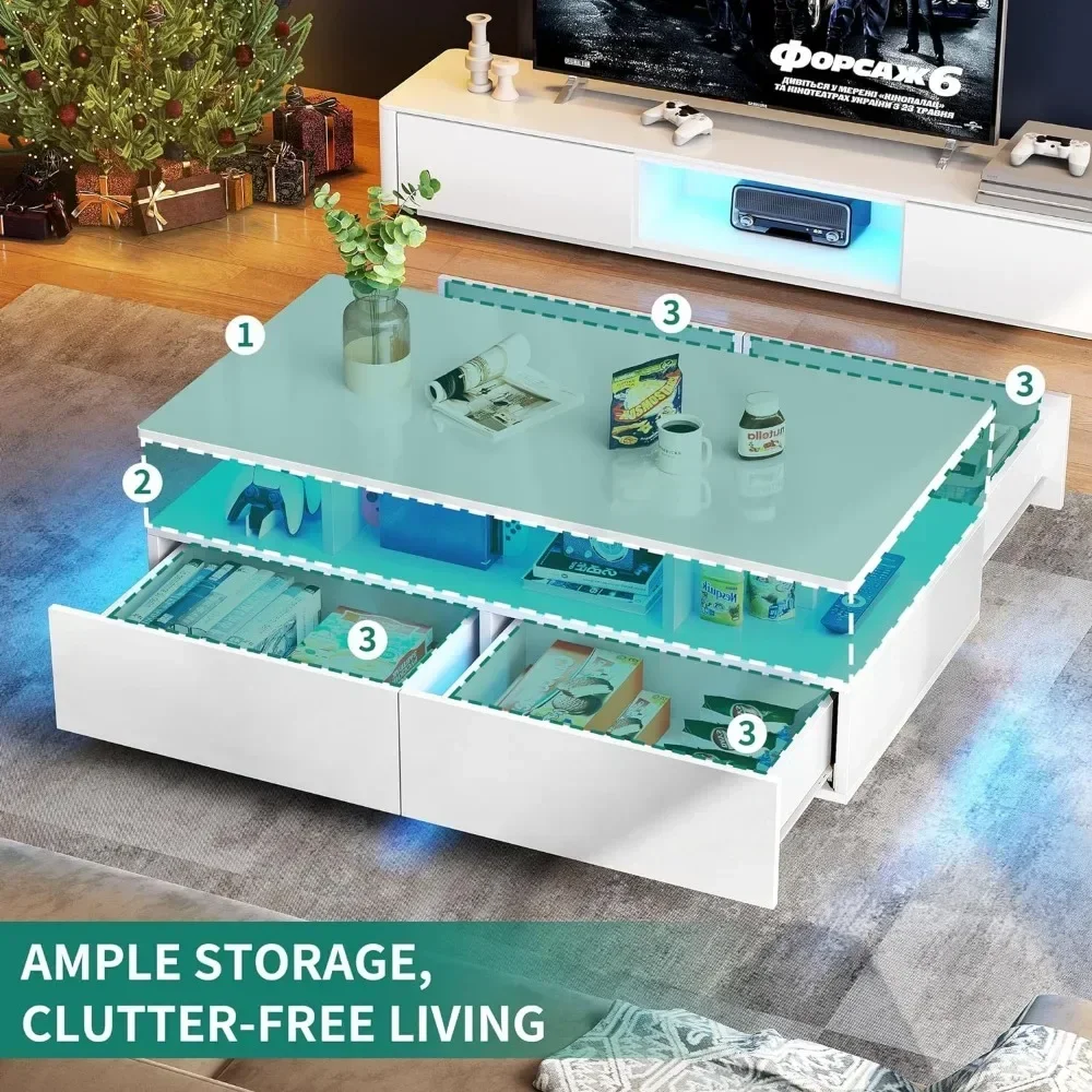 High Glossy LED Coffee Tables for Living Room, Center Table with Open Display Shelf & Sliding Drawers, White Coffee Table 4