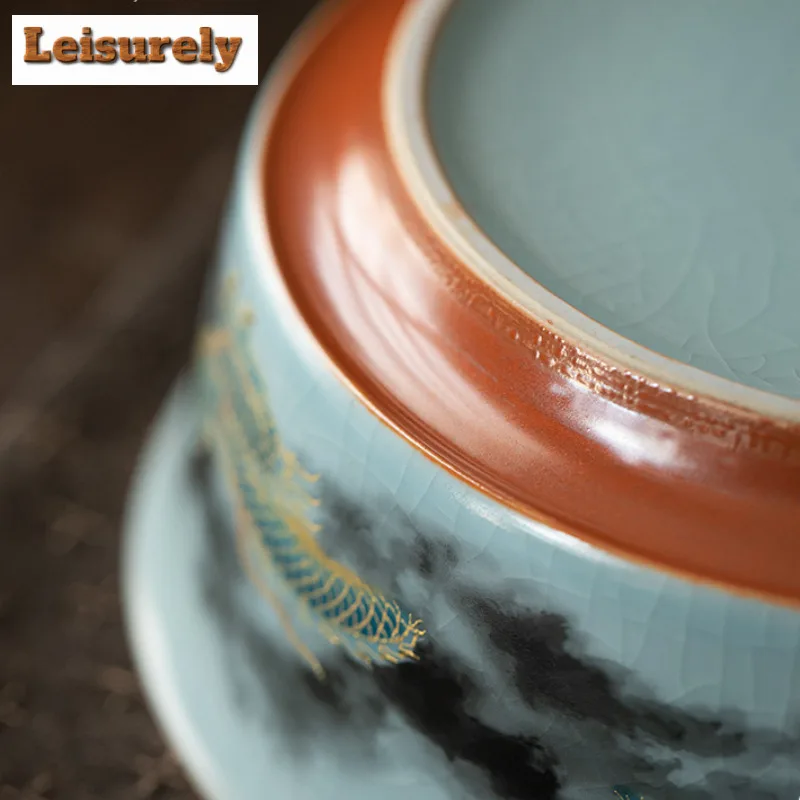 900ml Ru Kiln Auspicious Dragon Jianshui Tea Wash Bowl Tea Residue Bucket Household Chaxi Drinkware Accessories Decoration Craft