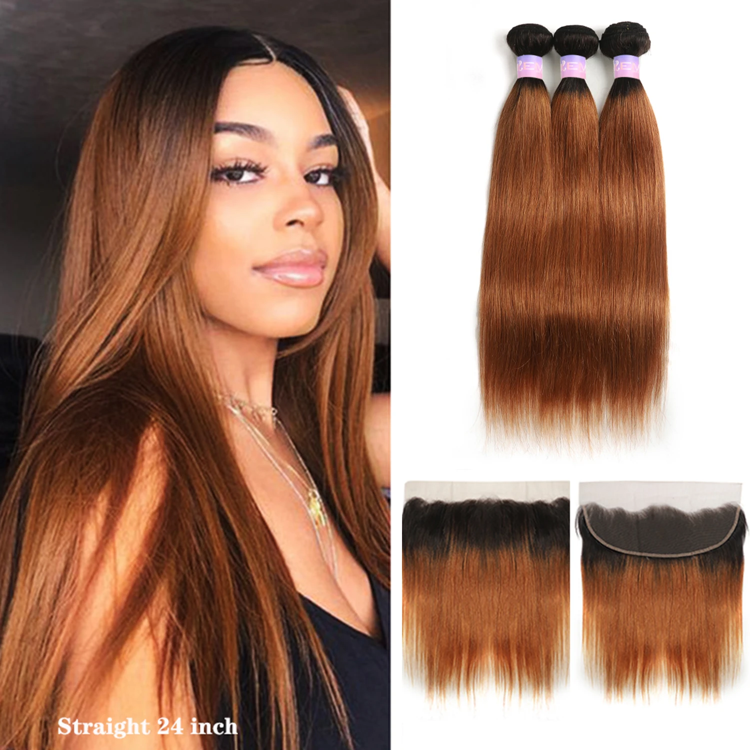 

Straight Human Hair Bundles With Frontal Brazilian Ombre Brown Colored T1B/30 Hair Weave 3 Bundles With Lace Closure Remy Hair