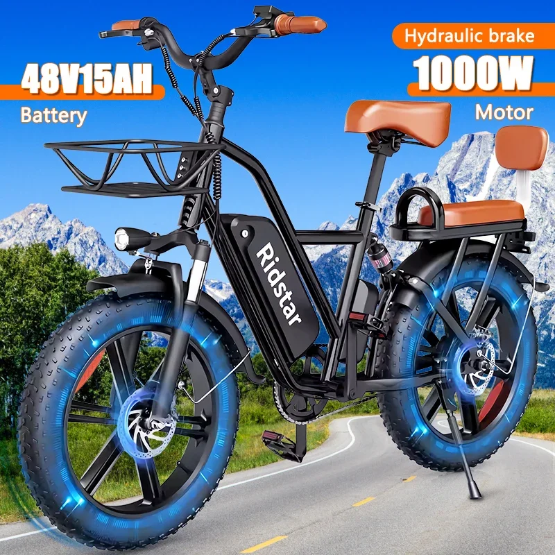 Ridstar FM-001 Electric Bicycle 1000W 48V 15AH Road City Ebike for Adult 20Inch Fat Tire Beach Mountain With Backseat for work