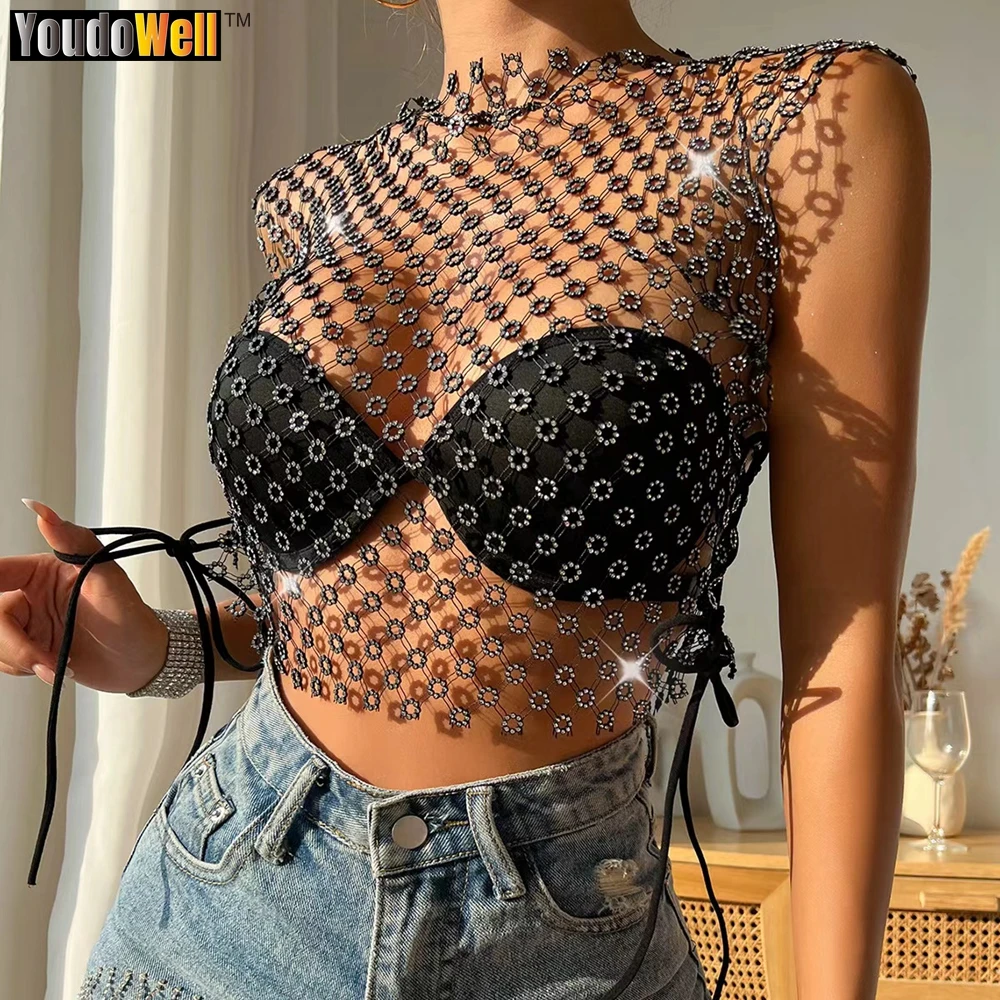 

Hollow Out Perspective Vest, Shiny Water Diamond Mesh, Fishnet Pattern, Crystal Sexy Top, Nightclub Club, Summer, New, 2023