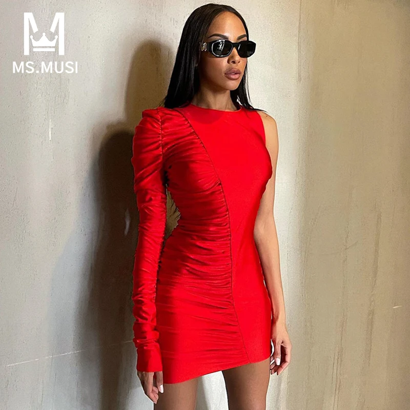 

MSMUSI 2023 New Fashion Women Sexy One Shoulder Mesh Long Sleeve Hollow Out Lace Up Bandage Party Club Bodycon Event Mini Dress